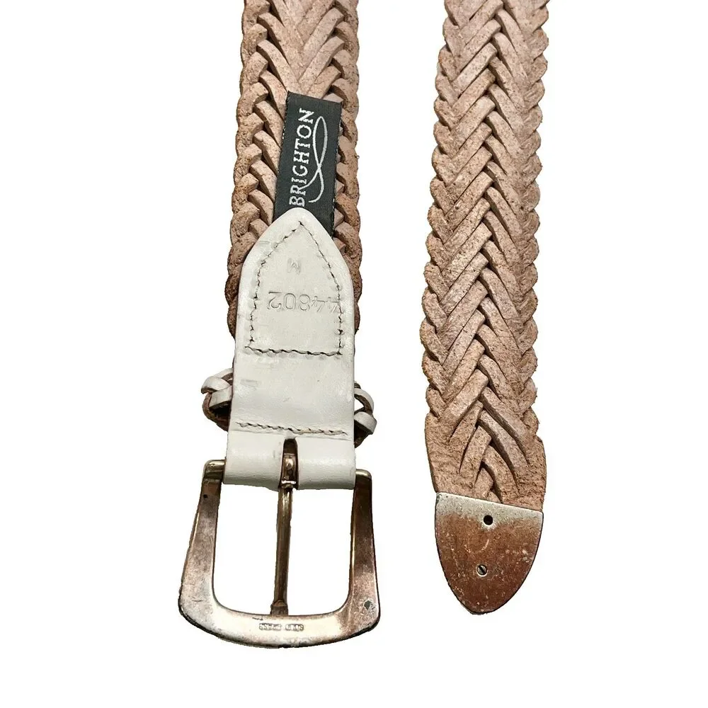 Vintage Brighton White Braided Leather Weave Belt Size S M Womens Brass Made USA